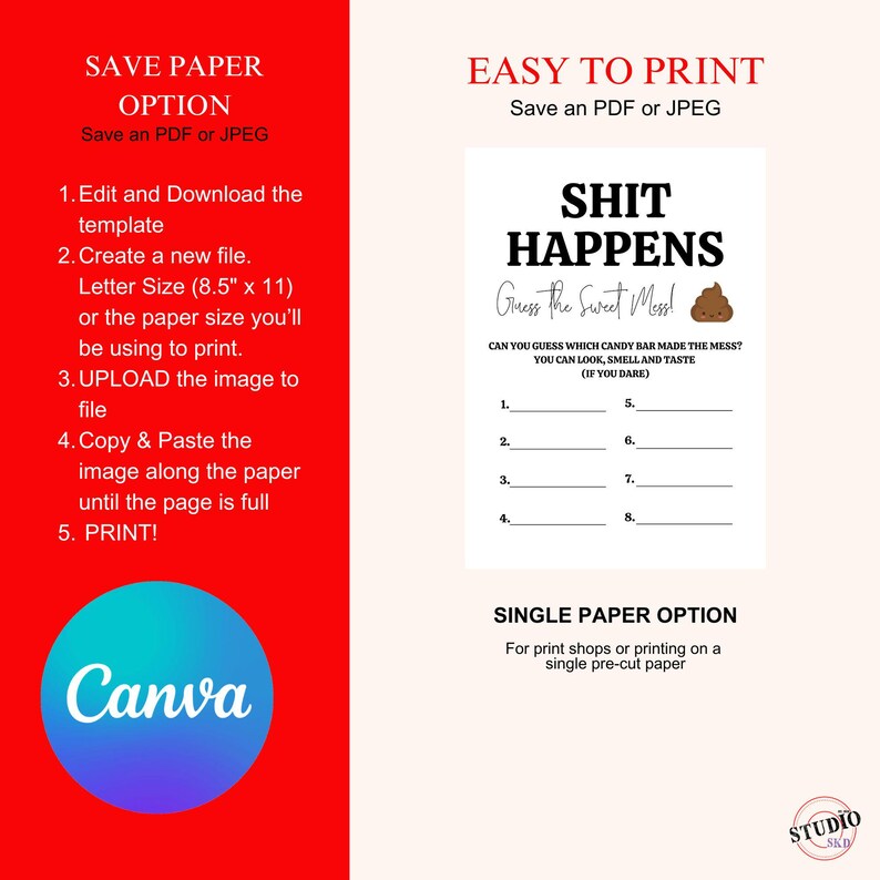 Shit Happens Baby Shower Game, Guess the Sweet Mess Game Card, Name