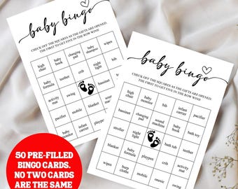 Baby Shower Bingo Cards, 50 Prefilled Baby Bingo Game Cards, Baby Shower Bingo Game, Baby Shower Gifts, Baby Gift Bingo, Editable Template