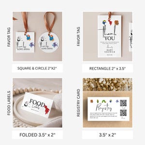 May include: A selection of baby shower stationery, including favor tags, food labels, and a registry card. The favor tags are square and circular, with the text "thanks" and "Love Anna". The registry card has a QR code.