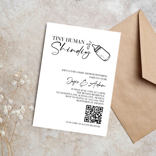 Tiny Human Shindig Baby Shower Invitation with Registry QR Code, An inclusive celebration that transcends gender norms, Digital Invitation