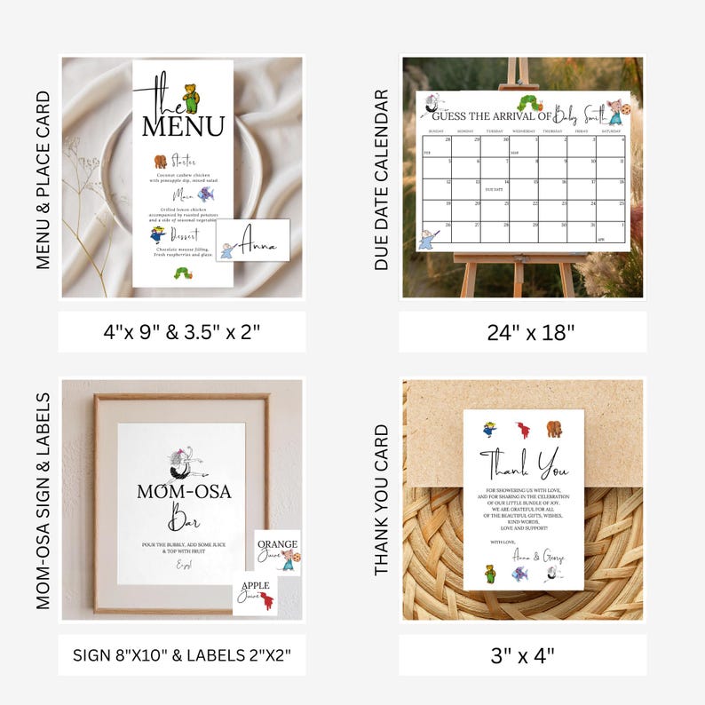 May include: A selection of baby shower stationery. The items include a menu card, place card, due date calendar, Mom-osa bar sign, and thank you card. The menu card is 10 cm x 23 cm and the place card is 9 cm x 5 cm. The calendar is 61 cm x 46 cm. The sign is 20 cm x 25 cm.
