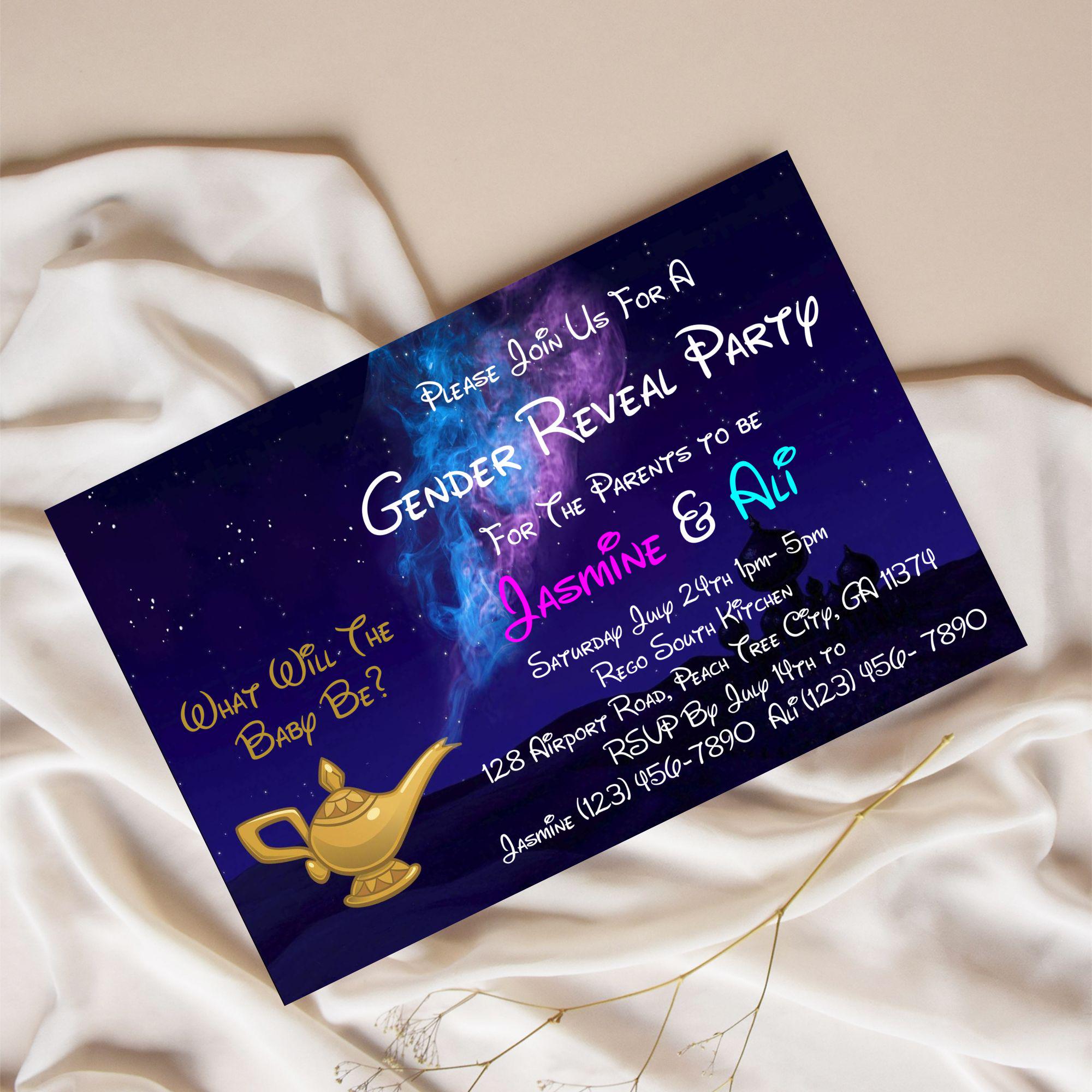 Gender Reveal Invitation, Aladdin Theme Invite, Genie Lamp Gender ...