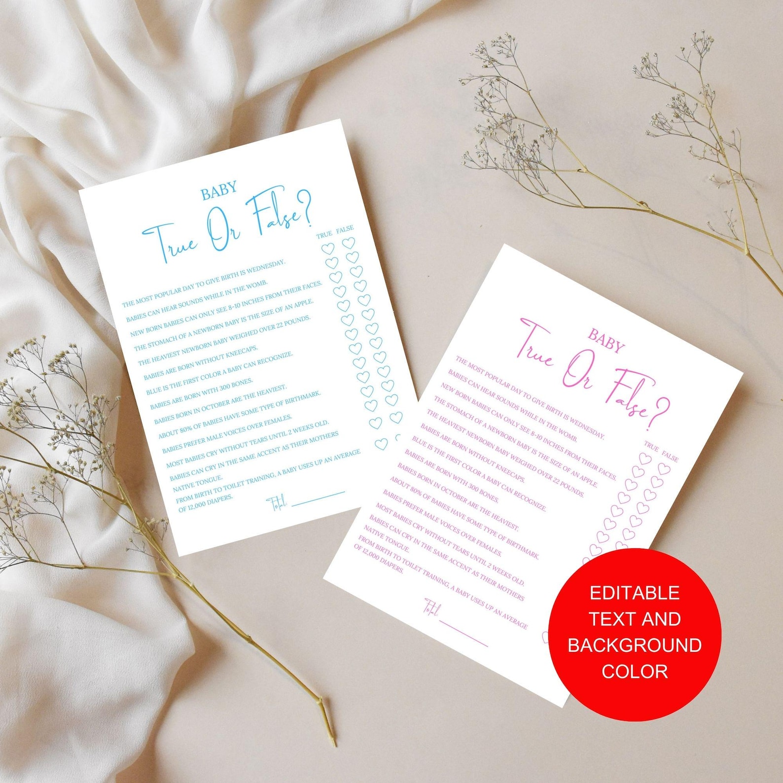 Printable Tue Baby Shower Games Printable, True or False Baby Shower Trivia Game ...