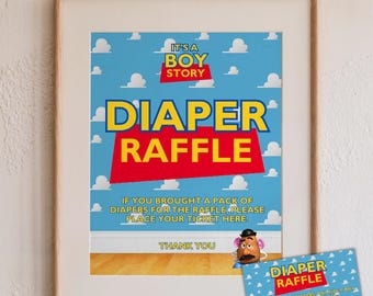May include: A framed "Diaper Raffle" sign with a blue sky and cloud background, featuring the text "It's a Boy Story" and "Diaper Raffle." A matching raffle ticket is included. The sign also includes the text "If you brought a pack of diapers for the raffle, please place your ticket here."