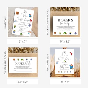 May include: A set of baby shower stationery, featuring invitations, a diaper raffle card, a welcome sign, and a card for books. The invitation is 12.7cm x 17.8cm, the diaper raffle card is 8.9cm x 5.1cm, the welcome sign is 45.7cm x 61cm, and the book card is 12.7cm x 8.9cm.