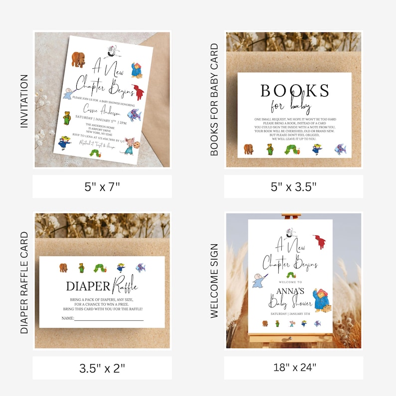May include: A set of baby shower stationery, featuring invitations, a diaper raffle card, a welcome sign, and a card for books. The invitation is 12.7cm x 17.8cm, the diaper raffle card is 8.9cm x 5.1cm, the welcome sign is 45.7cm x 61cm, and the book card is 12.7cm x 8.9cm.