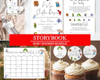 May include: A Storybook baby shower bundle featuring invitations, menu cards, cupcake toppers, a calendar, and a diaper raffle card. The design includes illustrations of bears, fish, and a caterpillar.