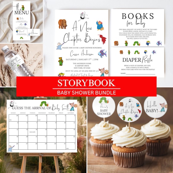 Storybook Baby Shower Bundle, A New Chapter Begins, Editable Canva Template Digital Download