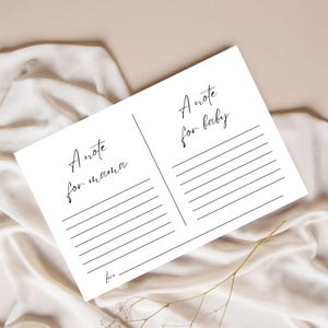 Tarjeta de baby shower "Una nota para el bebé y la mamá", consejos para baby shower, recuerdos para bebés, notas para baby shower, plantilla editable de Canva