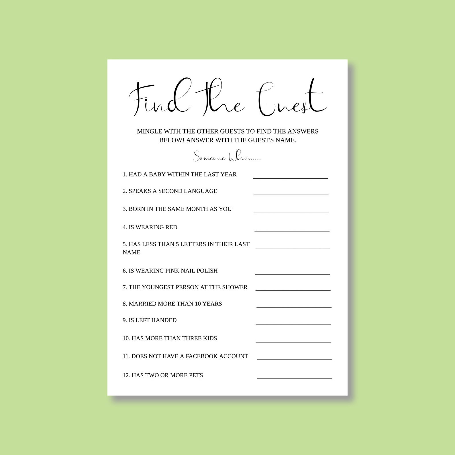 Find the Guest Baby Shower Ice Breaker Game Time to Mingle Etsy