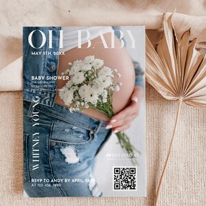 May include: Baby shower invitation with the text "OH BABY" in a stylish font. The invitation features a pregnant person holding white flowers, wearing a denim jacket and jeans. The invitation includes the date, time, location, and RSVP information.