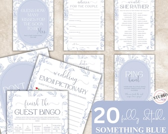 May include: A collection of 20 fully editable Something Blue Before I Do bridal shower games. The games feature a light blue floral design and include activities like "Guess How Many Kisses" and "Finish the Guest Bingo."