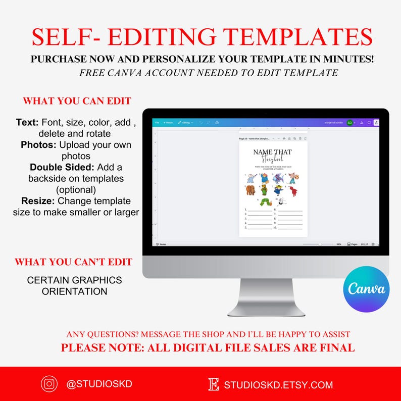 May include: A computer monitor shows a "Name That Storybook" game template. The image includes text about self-editing templates, with options to edit text, photos, and resize. The Canva logo is visible in the bottom right corner.