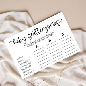 Baby Scattergories-babyshowerspel, minimalistische babyshowergames, Scattergories-gamekaart, afdrukbaar interactief spel, direct downloaden