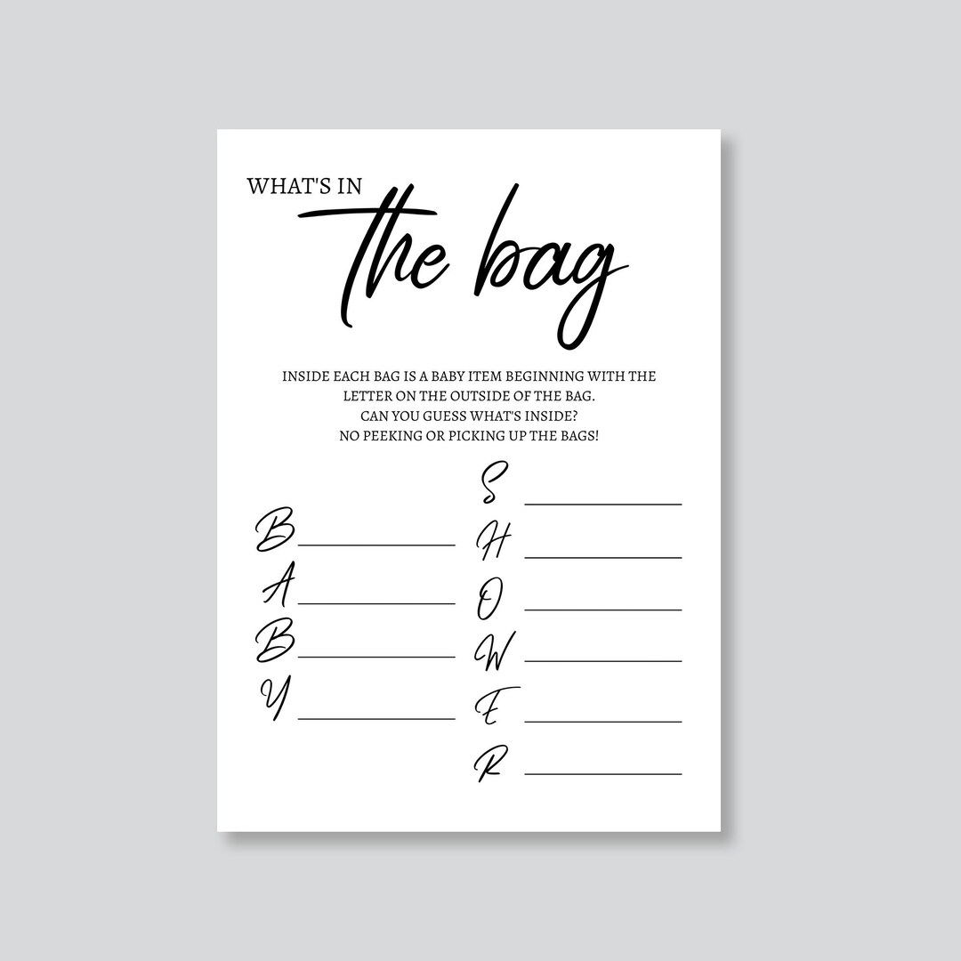 What's in the Bag Baby Shower Game Card Baby Shower Game, Baby Shower