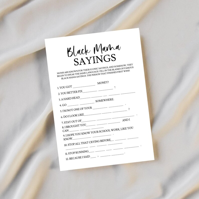 Black Mama Sayings Baby Shower Games- Fill in the Blank - Do You Know ...