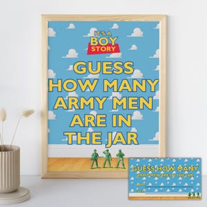 May include: A framed print with a blue sky background and white clouds. The text reads "GUESS HOW MANY ARMY MEN ARE IN THE JAR." Includes green toy army men at the bottom. A smaller card with the same design is also present.