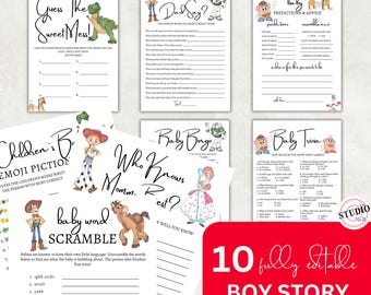 May include: A collection of ten printable Boy Story baby shower games. The games include "Guess the Sweet Mess," "What Did the Dad Say?," "Baby Predictions & Advice," and more. The games feature cartoon characters and are fully editable.