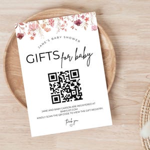 Carte d'inscription pour baby shower fleurs sauvages avec codes QR, carte à scanner pour inscription, carte de cadeaux pour bébé, cadeaux de baby shower, modèle canva modifiable