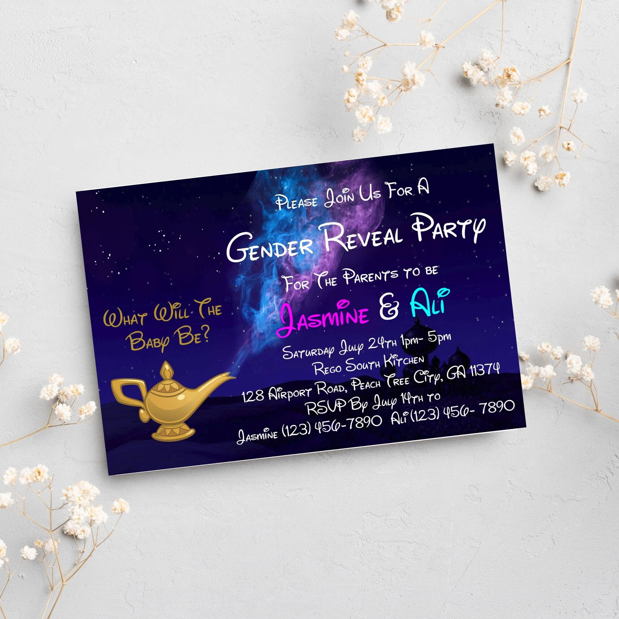 Gender Reveal Invitation, Aladdin Theme Invite, Genie Lamp Gender ...