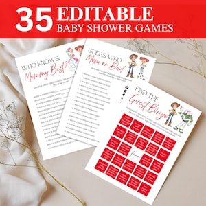 Boy Story Baby Shower Games, It&#39;s A Boy Story Toy Story Baby Shower Printables, Editable Boy Story Games, Baby Shower Canva Template