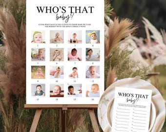 May include: A white sign on an easel with the text "WHO'S THAT baby?" and a grid of baby photos. A smaller matching game card is on a white plate. The game is for guests to match baby pictures.