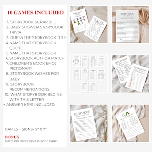 May include: Printable baby shower games and signs, including Storybook Scramble, Trivia, and Emoji Pictionary. The signs are 12.7cm x 17.8cm and include bonus baby predictions and advice cards. The text is in black on a white background.