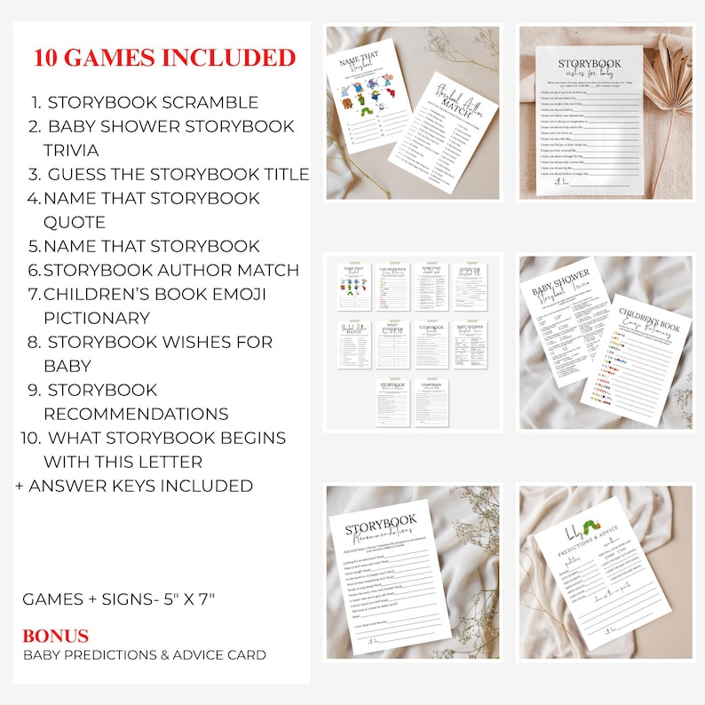 May include: Printable baby shower games and signs, including Storybook Scramble, Trivia, and Emoji Pictionary. The signs are 12.7cm x 17.8cm and include bonus baby predictions and advice cards. The text is in black on a white background.