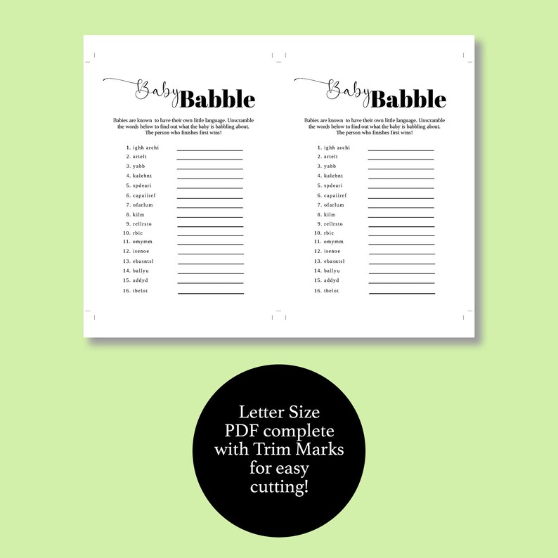 Baby Babble Baby Word Scramble Baby Shower Game Card, Printable Instant ...