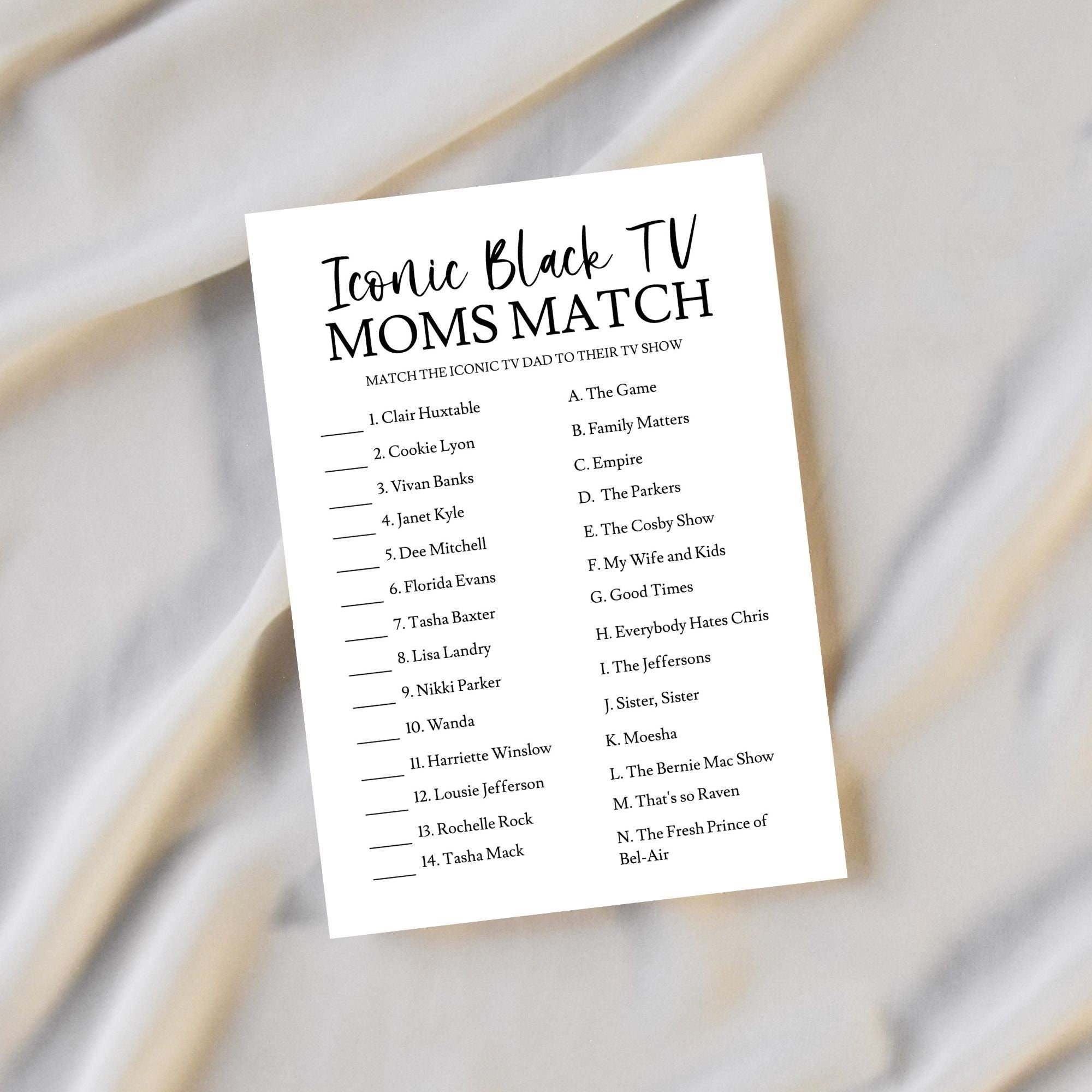 Iconic Black TV Moms Matching Baby Shower Game Card, Match the TV Mom ...