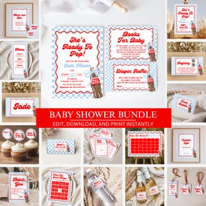 Shes Ready To Pop Baby Shower Bundle, Retro Soda Pop Games and Hosting Decor, Canva Template