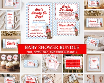 Shes Ready To Pop Baby Shower Bundle, Retro Soda Pop Games and Hosting Decor, Canva Template