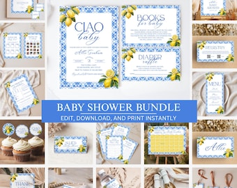 May include: A baby shower bundle featuring various stationery items with a blue and white tile design and lemon accents. Includes invitations, signs, cupcake toppers, and thank you tags. The text includes "Ciao Baby" and "Baby Shower Bundle".