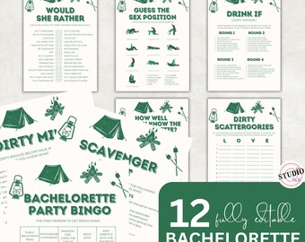 May include: A collection of 12 fully editable bachelorette party games. The games feature a camping theme with green text and illustrations of tents, campfires, and s'mores. Game titles include "Would She Rather" and "Dirty Scattergories".
