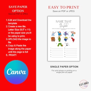 May include: A printable game sheet titled "Name That Storybook" with illustrations of storybook characters. The sheet includes numbered lines for answers. Instructions and a Canva logo are also visible.