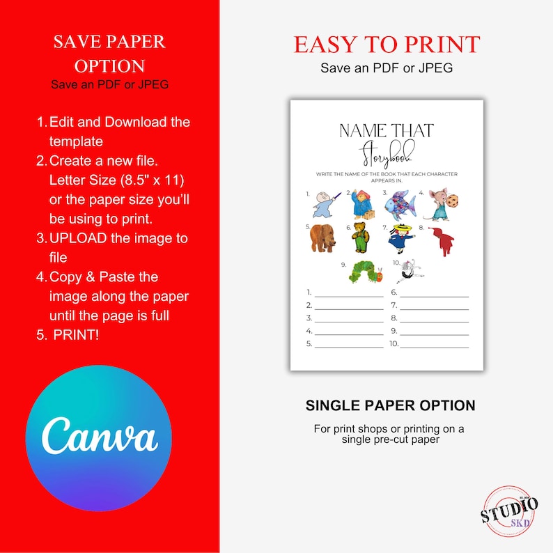 May include: A printable game sheet titled "Name That Storybook" with illustrations of storybook characters. The sheet includes numbered lines for answers. Instructions and a Canva logo are also visible.