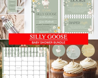 May include: A baby shower bundle with a "Silly Goose" theme. The set includes invitations, menu cards, raffle cards, cupcake toppers, and a calendar. The color scheme is sage green and white, with floral accents and a cartoon goose illustration.