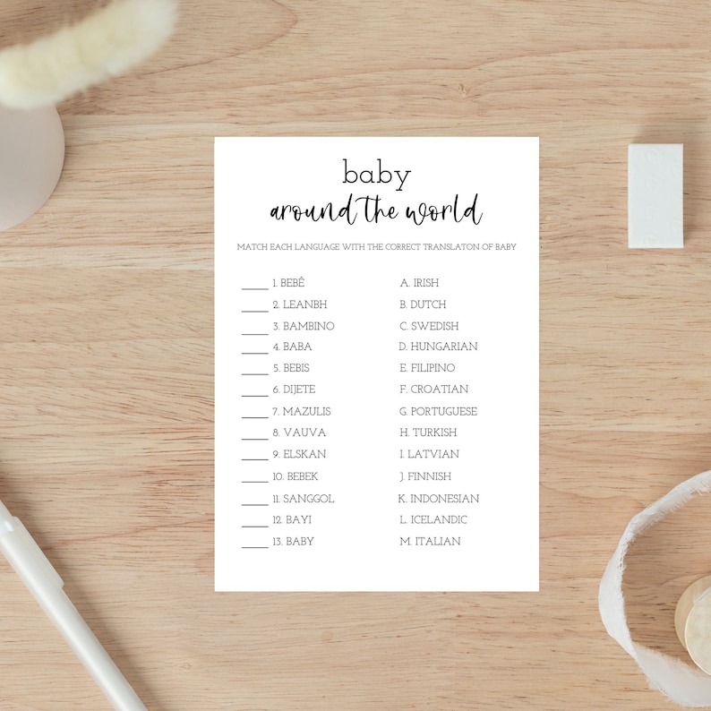 BABY Around the World Baby Shower Game Card Matching Game, Can You