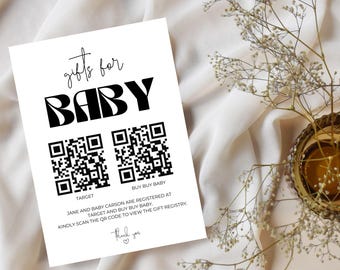 Editable Baby Shower Registry Card with QR Codes, Gifts For Baby, Canva Template