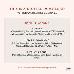 May include: A digital download advertisement with red text on a light beige background. The text reads "THIS IS A DIGITAL DOWNLOAD" and "HOW IT WORKS" with instructions on ordering, editing, and printing. The shop logo is in the bottom right corner.