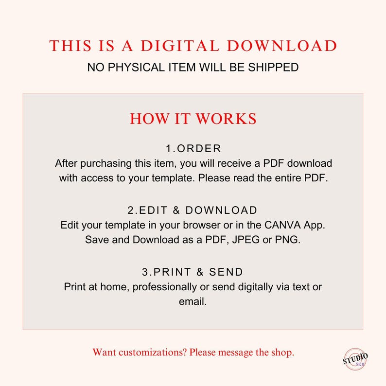 May include: A digital download advertisement with red text on a light beige background. The text reads "THIS IS A DIGITAL DOWNLOAD" and "HOW IT WORKS" with instructions on ordering, editing, and printing. The shop logo is in the bottom right corner.