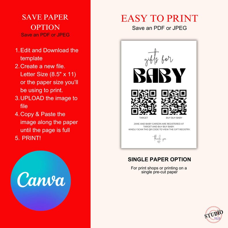 Editable Baby Shower Registry Card With QR Codes, Gifts for Baby, Canva ...