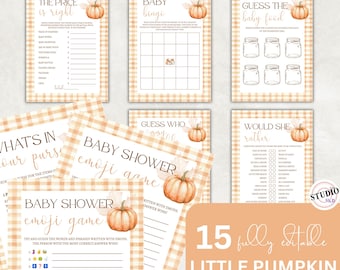 May include: A collection of printable baby shower game cards featuring a light orange and white gingham border, watercolor pumpkin illustrations, and black text. Titles include The Price is Right, Baby Bingo, Guess the Baby Food, and Emoji Game.
