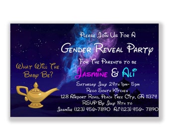 Aladdin Theme Genie Lamp Gender Reveal Invitation to announce your big event, Printable Gender Reveal Party Invitation