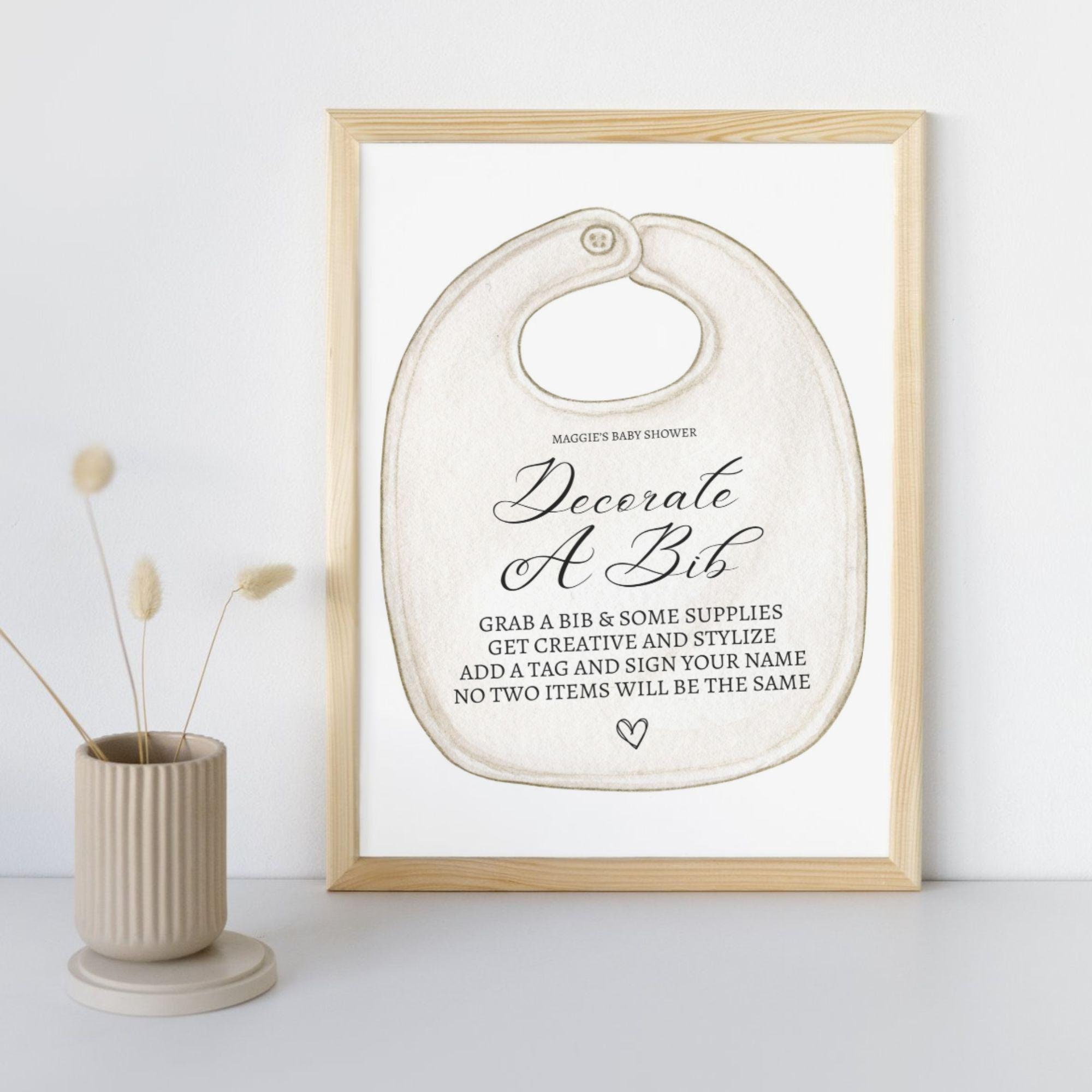 Decorate a Bib Station Baby Shower Sign, Baby Shower Bib Making Sign, Make Your Own Baby Bib Decorating Station, Editable Canva Template