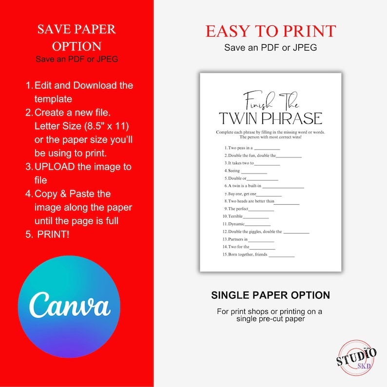 May include: A printable game sheet titled "Finish the Twin Phrase" with fill-in-the-blank questions. The image also includes instructions for saving and printing the game, along with a Canva logo.