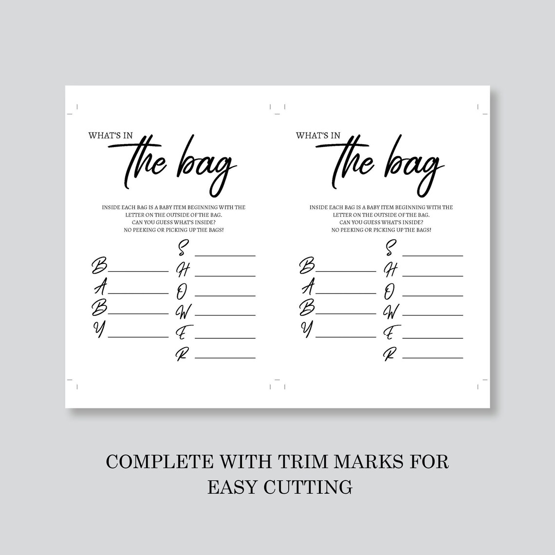 What's in the Bag Baby Shower Game Card Baby Shower Game, Baby Shower