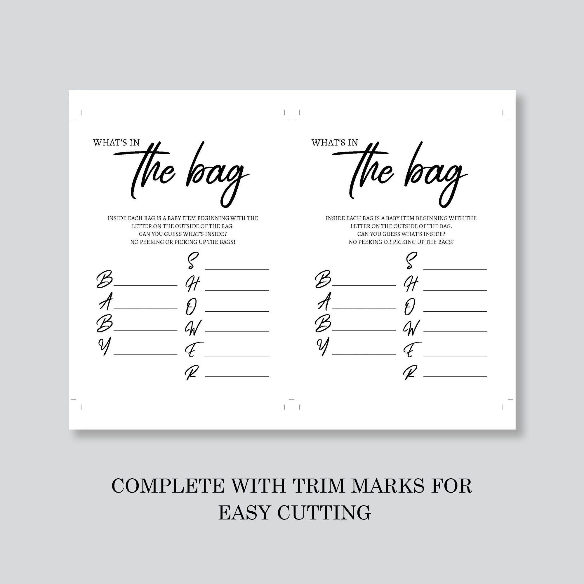 What's in the Bag Baby Shower Game Card Baby Shower Game, Baby Shower