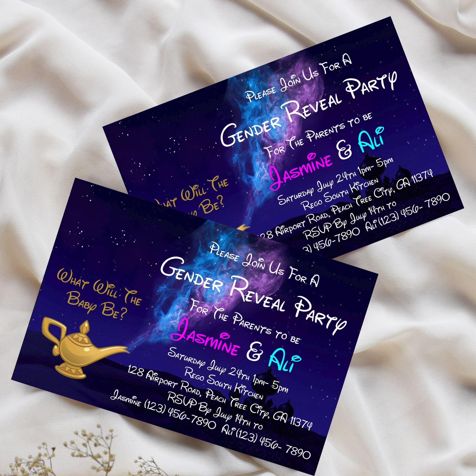 Gender Reveal Invitation, Aladdin Theme Invite, Genie Lamp Gender ...