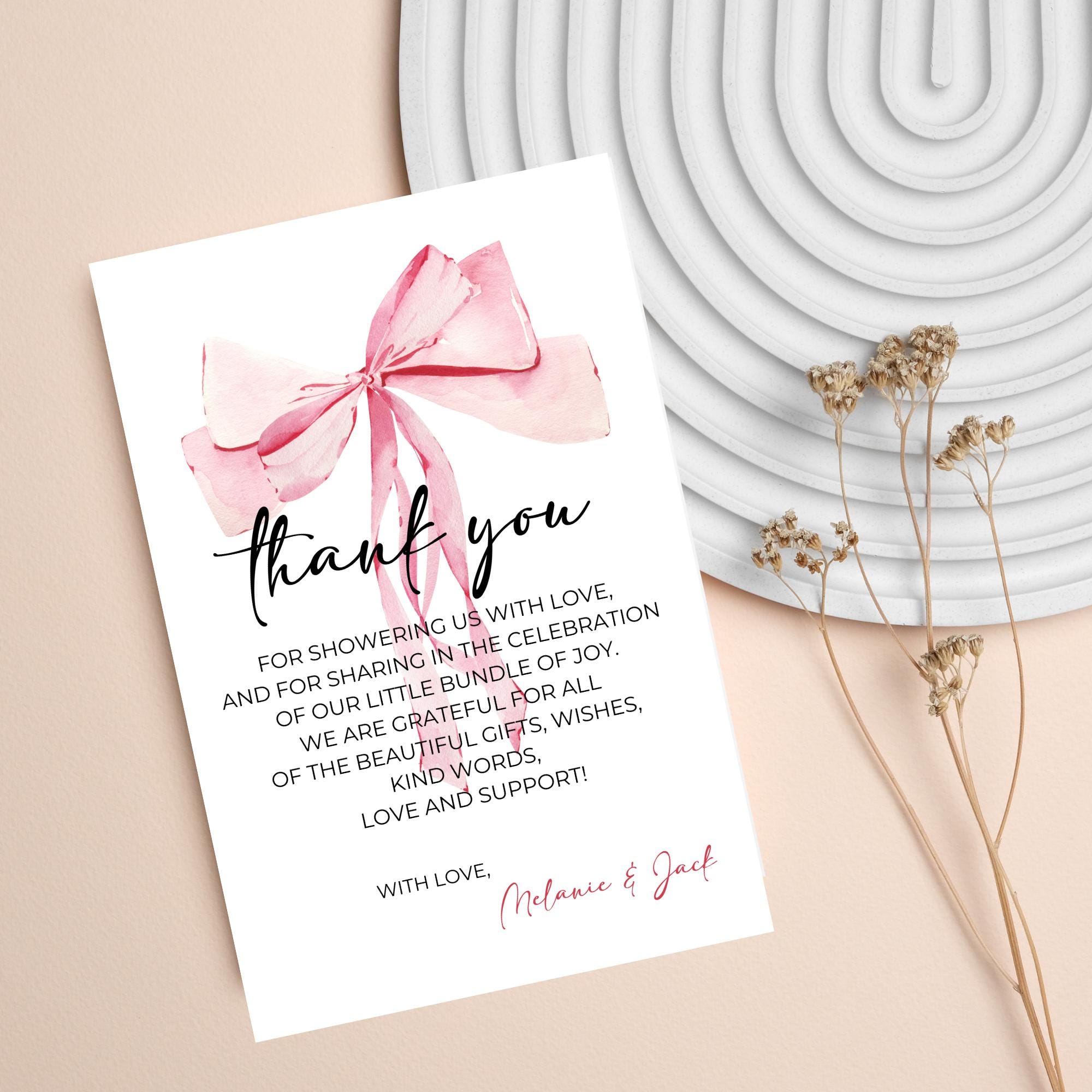 Pink Bow Baby Shower Thank You Card, Modern Thank You Note, Baby Girl ...